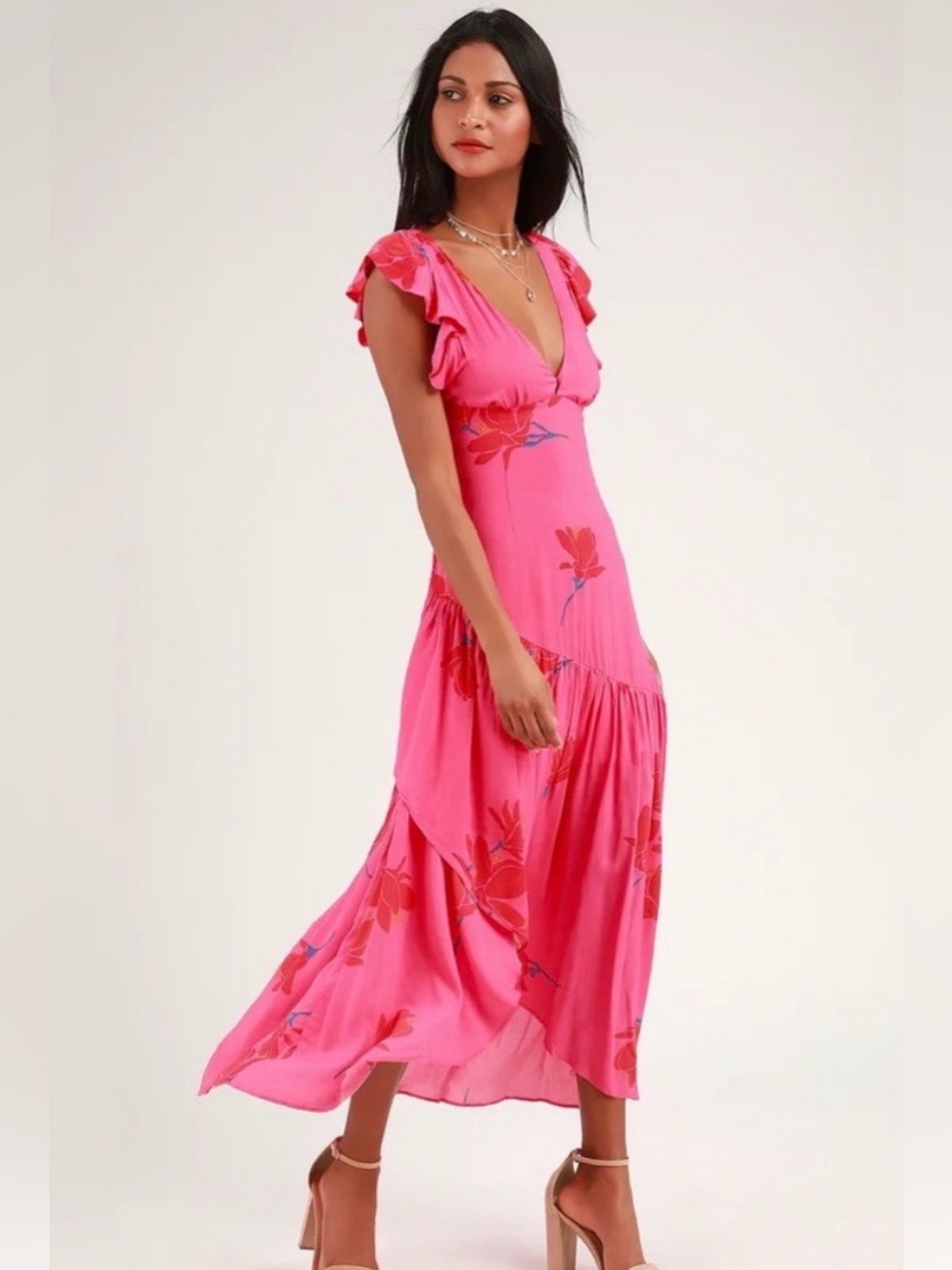 Free People - She’s a Waterfall - Size 6 
Bright Pink Floral V-Neck Maxi Dress - Picture 8 of 9